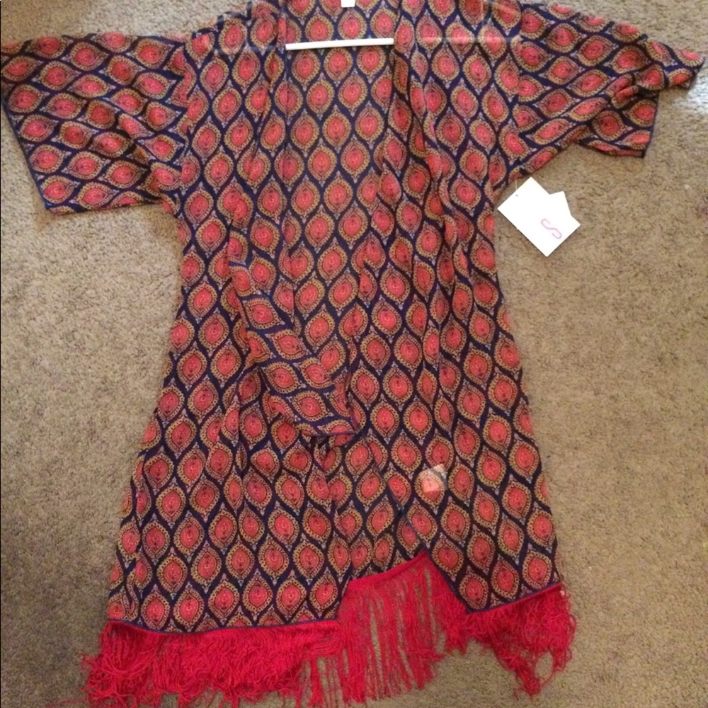 Lularoe small Monroe fringed kimono red blue NWT